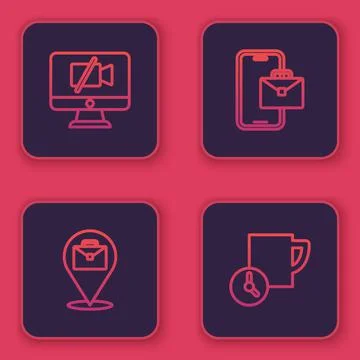 Set line Video camera Off on computer, Online working, Freelancer and Time Stock Illustration