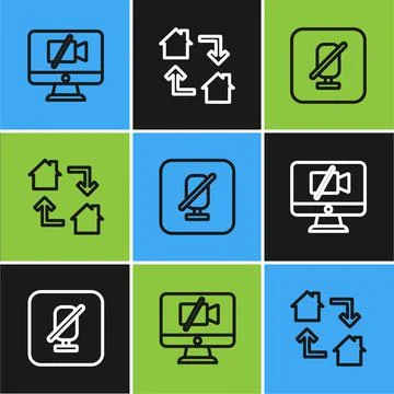 Set line Video camera Off on computer, Mute microphone and Online working icon Illustrazione stock