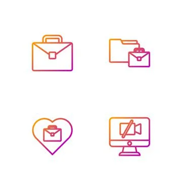 Set line Video camera Off on computer, Heart with text work, Briefcase and Stock-Illustration