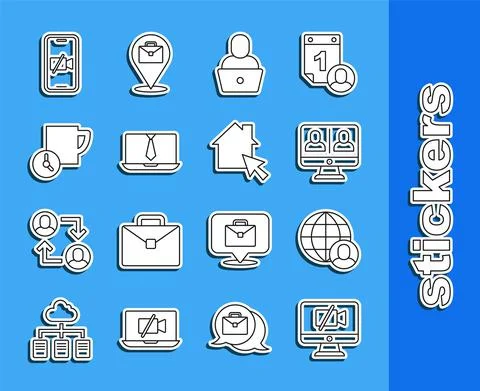 Set line Video camera Off on computer, Freelancer, chat conference, Time Stock Illustration