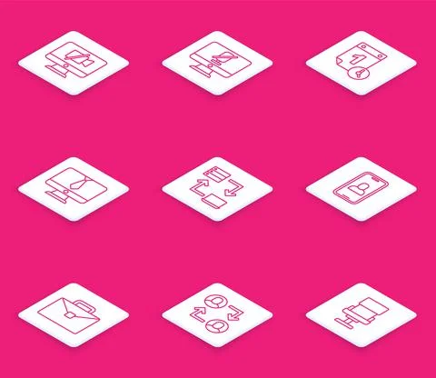 Set line Video camera Off on computer, Mute microphone, Time management, chat Stock Illustration