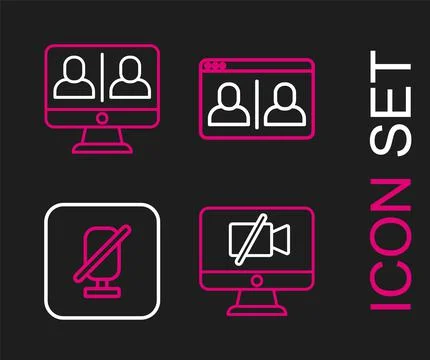 Set line Video camera Off on computer, Mute microphone, chat conference and   Stock Illustration