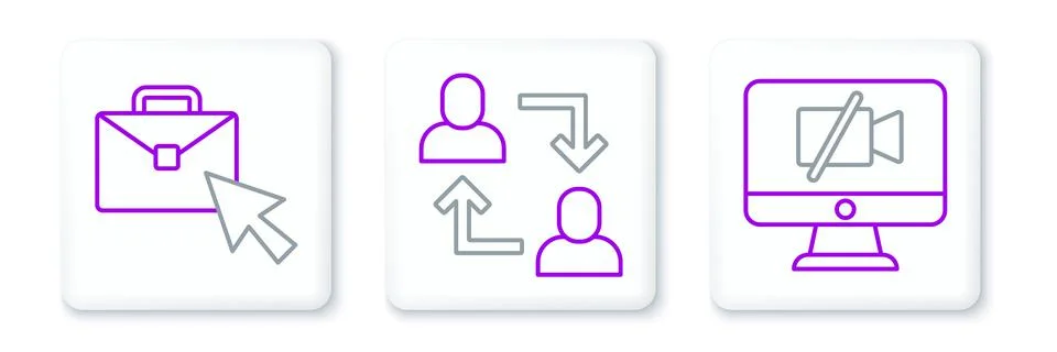 Set line Video camera Off on computer, Online working and Project team base i Stock Illustration