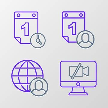 Set line Video camera Off on computer, Freelancer, Time management and icon 스톡 일러스트