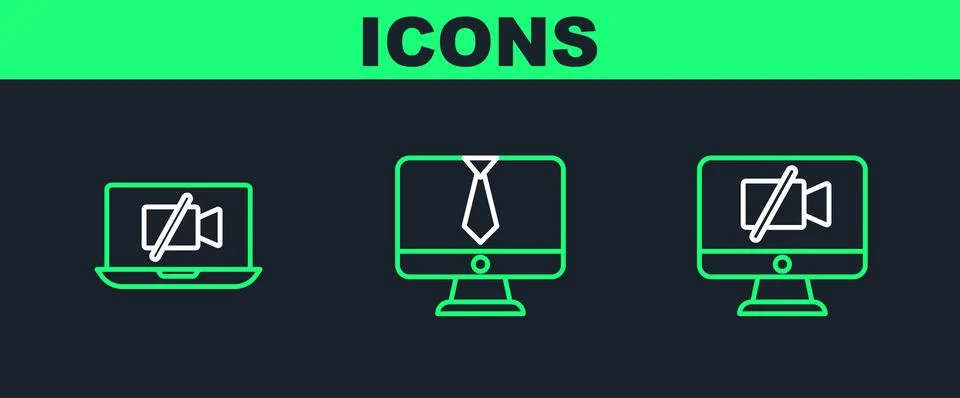 Set line Video camera Off on computer, laptop and chat conference icon. Vector Illustrazione stock