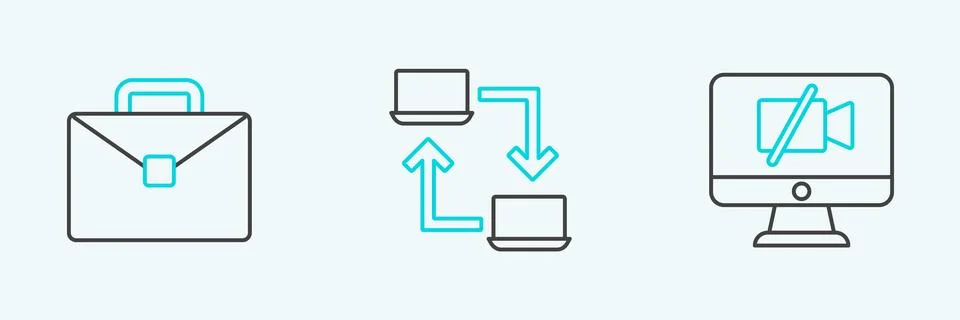 Set line Video camera Off on computer, Briefcase and Online working icon. V.. Stock-Illustration