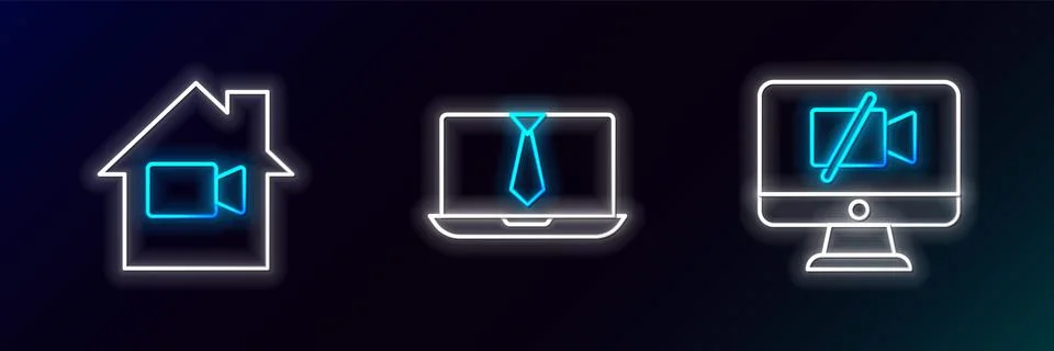 Set line Video camera Off on computer, in home and chat conference icon. Gl.. Stock Illustration