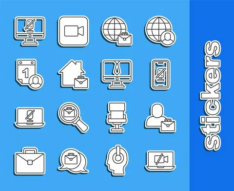 Set line Video camera Off on laptop, Freelancer, Mute microphone mobile, Online Illustrazione stock