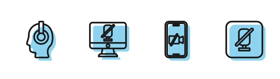 Set line Video camera Off on mobile, Freelancer, Mute microphone computer and 스톡 일러스트