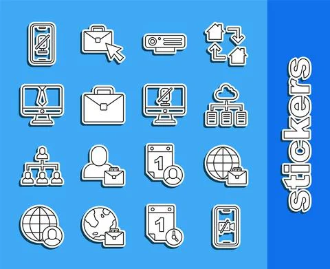 Set line Video camera Off on mobile, Online working, Web, Briefcase, chat Stock Illustration