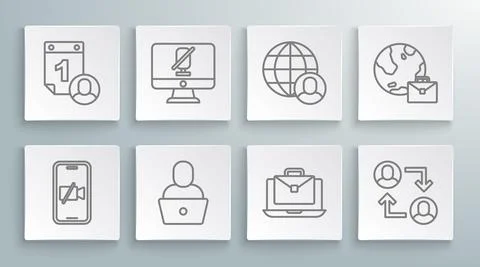 Set line Video camera Off on mobile, Mute microphone computer, Freelancer Stockillustratie