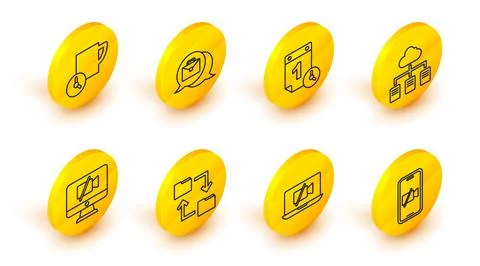 Set line Video camera Off on mobile, laptop, Cloud storage document folder Stock Illustration