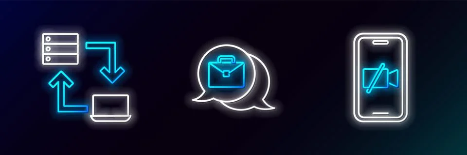 Set line Video camera Off on mobile, Online working and  icon. Glowing neon.. Stock Illustration