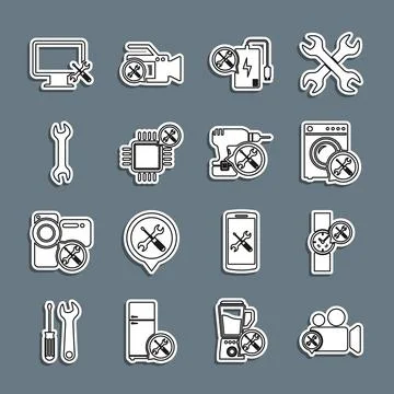 Set line Video camera service, Wrist watch, Washer, Power bank, Processor Ilustración de archivo