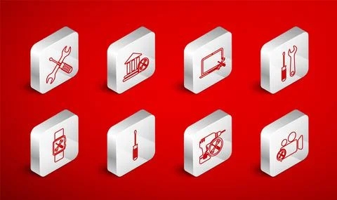 Set line Video camera service, Bank building, Laptop, Screwdriver and wrench Ilustración de archivo