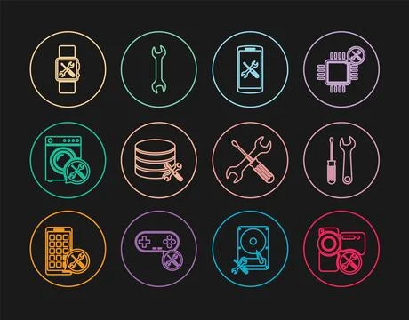 Set line Video camera service, Screwdriver and wrench, Smartphone, Database.. Stock Illustration