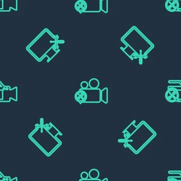 Set line Video camera service, Computer monitor and  on seamless pattern. Vec Stock Illustration
