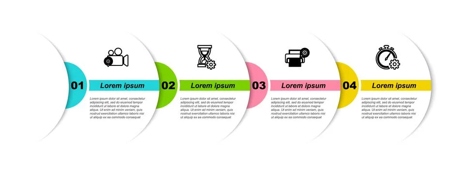 Set line Video camera setting, Hourglass, Printer and Time management. Business Stock Illustration