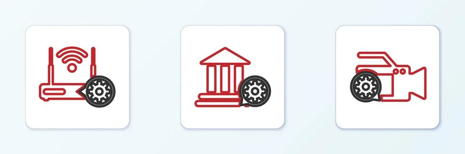 Set line Video camera setting, Router and wi-fi and Bank building icon. Vector Ilustración de archivo