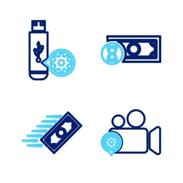 Set line Video camera setting, Fast payments, and USB flash drive icon. Vector Stock Illustration