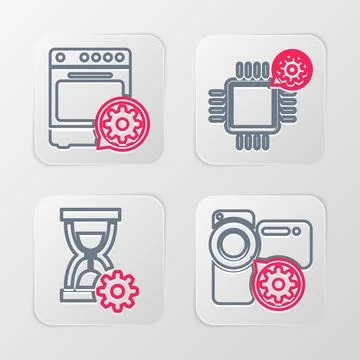 Set line Video camera setting, Hourglass, Processor and Oven icon. Vector 库存插图
