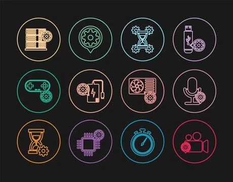 Set line Video camera setting, Microphone, Hourglass, Power bank, Gamepad, .. Stock Illustration