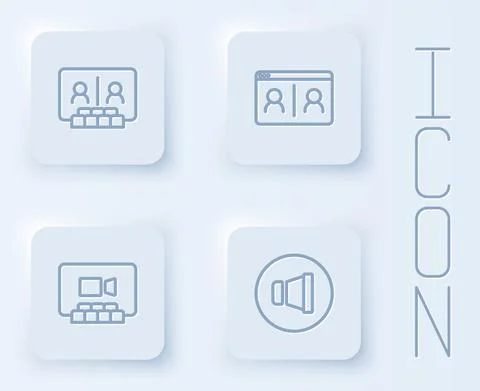 Set line Video chat conference, and Speaker volume. White square button. Vector Stock Illustration