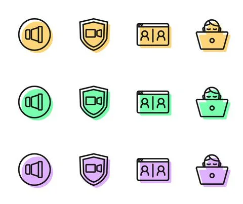 Set line Video chat conference, Speaker volume, and Freelancer icon. Vector Stock Illustration