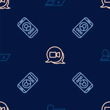 Set line Video chat conference, and on seamless pattern. Vector Stock Illustration