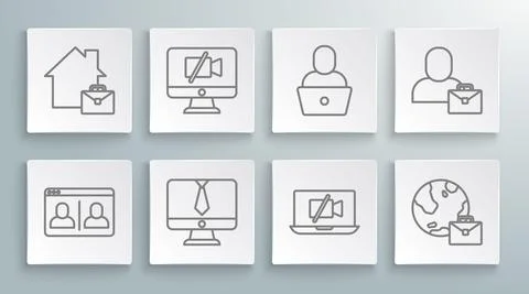Set line Video chat conference, camera Off computer, laptop, Online working Illustrazione stock