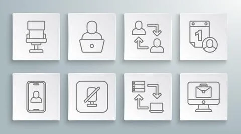 Set line Video chat conference, Freelancer, Mute microphone, Online working Stock Illustration