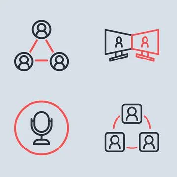 Set line Video chat conference, Microphone, Meeting and  icon. Vector Stock Illustration