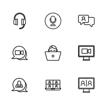 Set line Video chat conference, Freelancer, Speech bubble, Headphones, Micr.. Stock Illustration