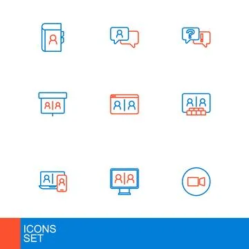 Set line Video chat conference, Question and Answer and Speech bubble icon... Stock Illustration