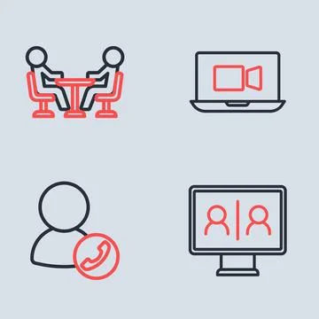 Set line Video chat conference,  and Meeting icon. Vector Stock Illustration