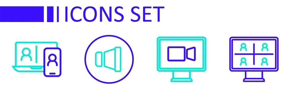 Set line Video chat conference, Speaker volume and  icon. Vector Stock Illustration