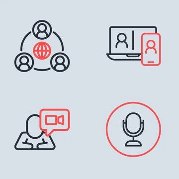 Set line Video chat conference, Microphone and Meeting icon. Vector Stock Illustration