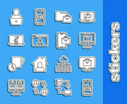 Set line Video chat conference, Online working, Mute microphone laptop, Fre.. Stock Illustration