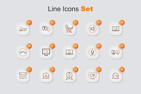 Set line Video chat conference, Web camera, Speech bubble, Microphone and  .. Stock Illustration