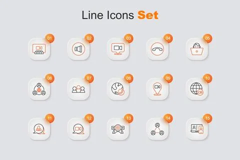 Set line Video chat conference, Meeting, Web camera, Speech bubble,  and  i.. Stock Illustration