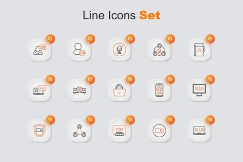 Set line Video chat conference, Meeting,  and Freelancer icon. Vector Stock Illustration