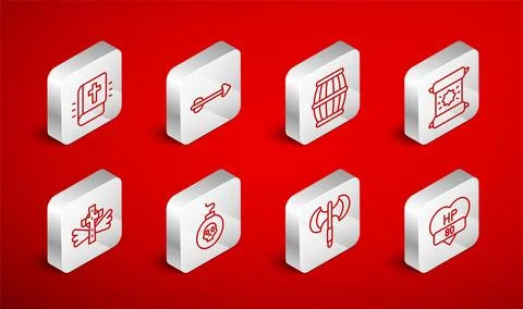Set line Video game bar, Arrow, Gun powder barrel, Decree, parchment, scroll Stock Illustration