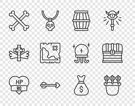 Set line Video game bar, Quiver with arrows, Gun powder barrel, Arrow, Crossed Stock Illustration