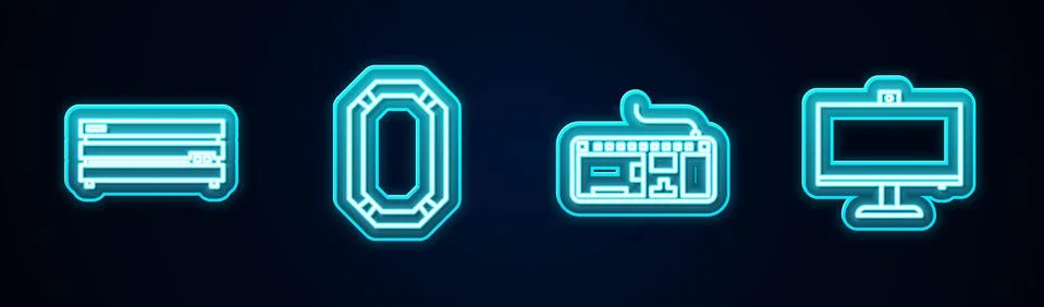 Set line Video game console, Poker table, Computer keyboard and monitor. Glowing Illustrazione stock