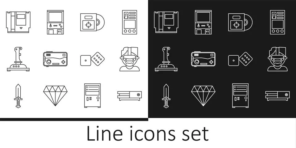 Set line Video game console, Virtual reality glasses, CD or DVD disk in box Stock Illustration