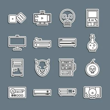 Set line Video game console, Bomb ready to explode, Bottle with magic elixir Stock-Illustration