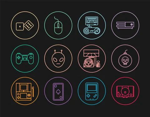 Set line Video game console, Bomb ready to explode, Game with joystick, Alien Stock Illustration