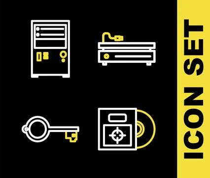 Set line Video game console, CD or DVD disk in box, Ancient key for and Computer Stock Illustration