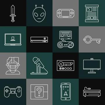 Set line Video game console, Computer monitor, Ancient key for, Portable vi.. Stock Illustration
