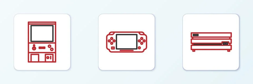 Set line Video game console, Retro arcade machine and Portable video icon. .. Stock Illustration